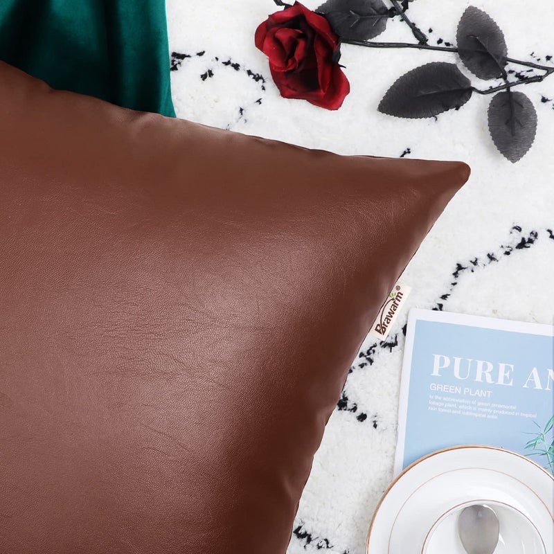 BRAWARM Faux Leather Throw Pillow Covers 16 X 16 Inches - Brown Leather Pilow Covers Pack of 2, Solid Dyed Leather Pillowcases for Couch Bed Sofa Garden Home Decorative - Image 5